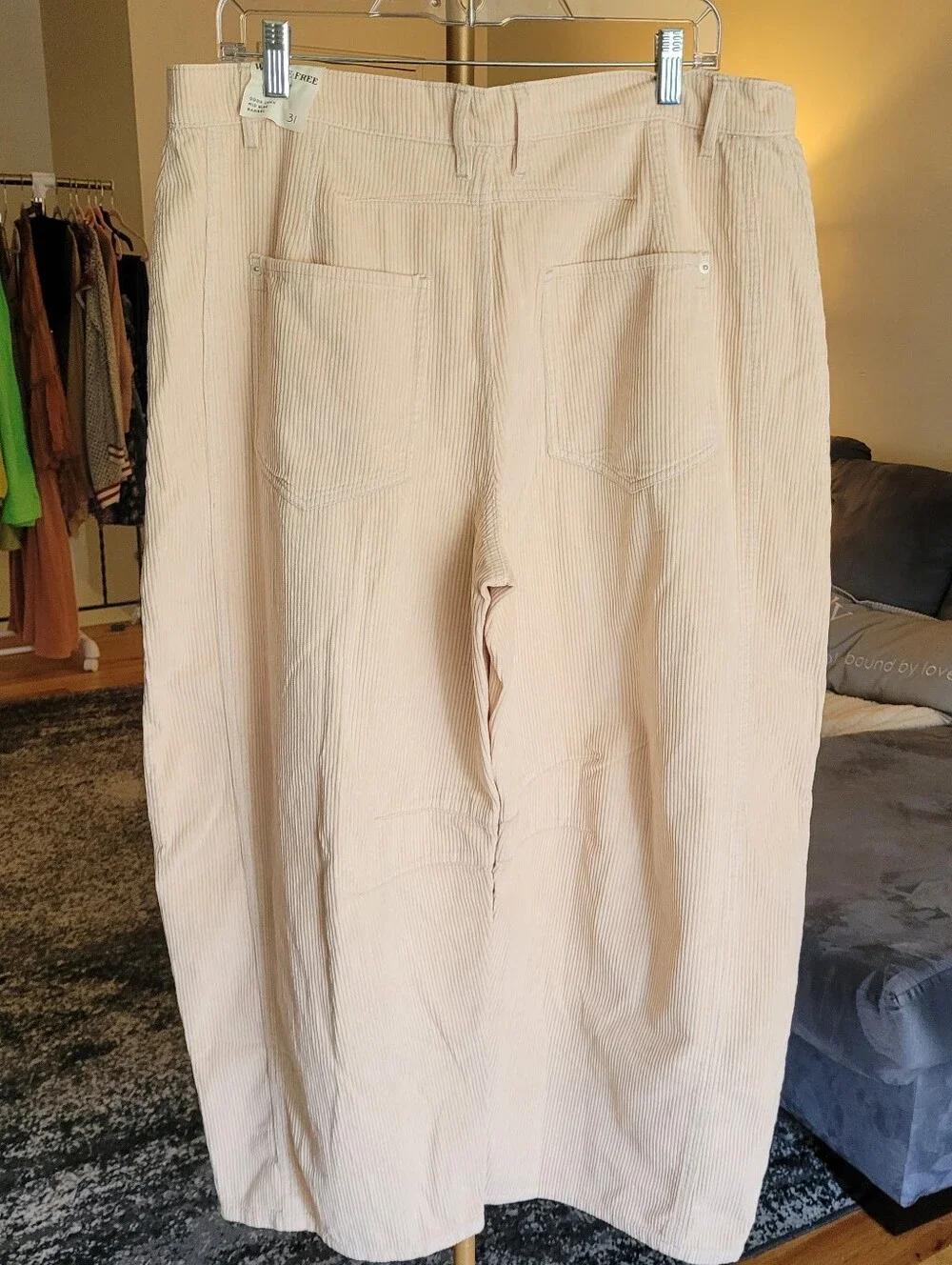 Free People We The Free Good Luck Mid-Rise Cord Barrel Pants Cream Beige Sz 31 - Picture 5 of 16